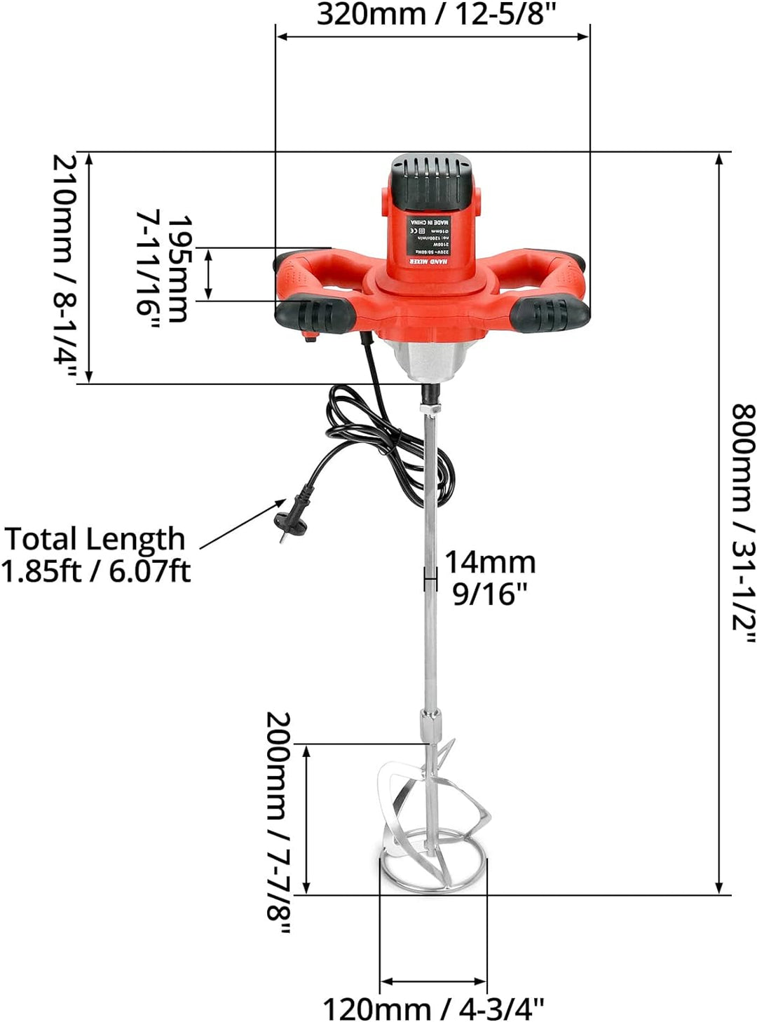 QWORK Mörtelrührer Rührwerk - 220V 2100W 1200r/min 6 Gang - M14 Gewinde - für Farbe, Putz & Estrich