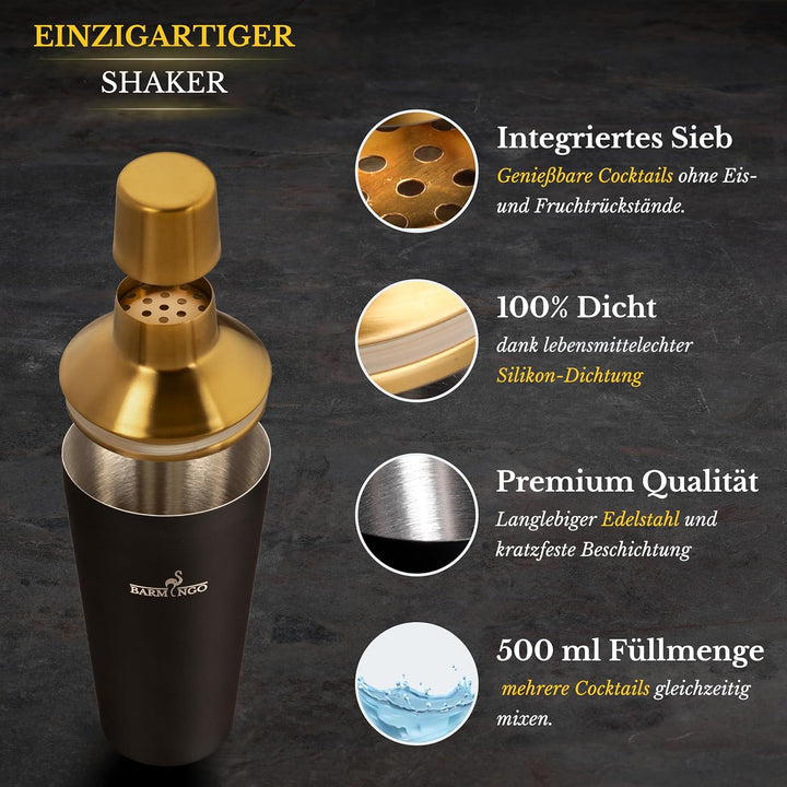 BARMINGO® Cocktail Shaker Set 5tlg. – 500ml Edelstahl Cocktail Shaker mit Bar Zubehör, Cocktail Set
