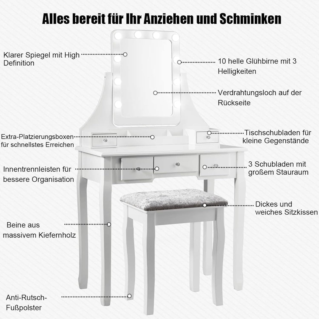 GOPLUS Schminktisch mit Spiegel und 10 LED-Birne, Kosmetiktisch mit 5 Schubladen und Organisator, Fr