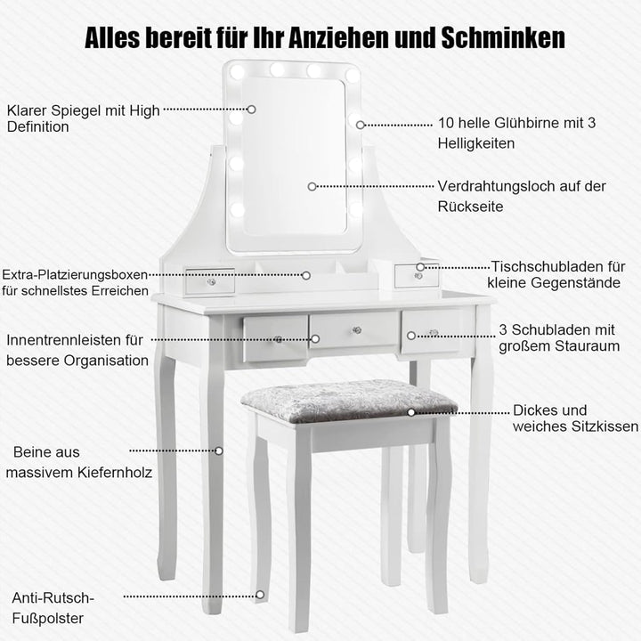 GOPLUS Schminktisch mit Spiegel und 10 LED-Birne, Kosmetiktisch mit 5 Schubladen und Organisator, Fr