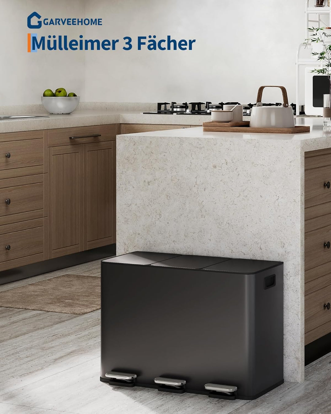 GarveeHome Mülleimer Küche, Mülleimer 3 fächer, Mülltrennsystem 3 x 15 Liter, Tretmülleimer mit Edel