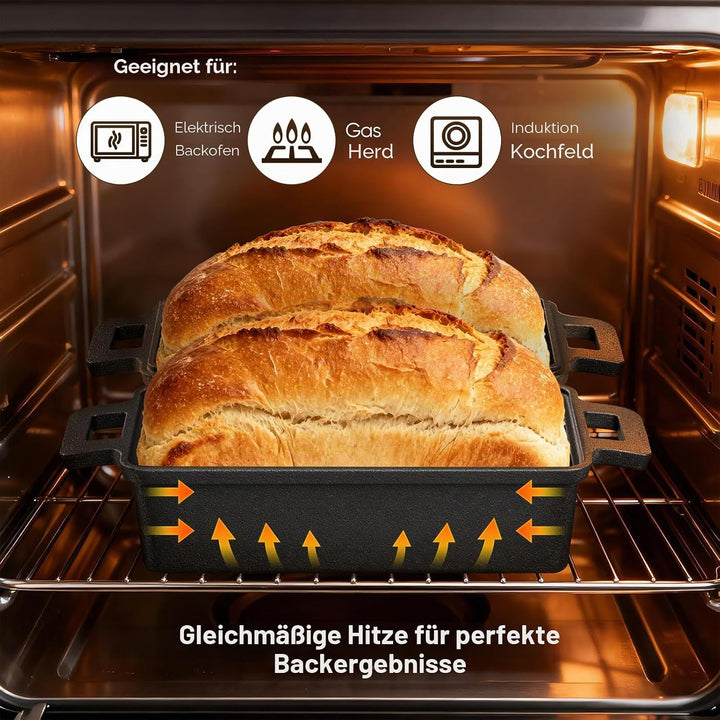 Brotbackform aus Gusseisen – 32cm Gusseisen Topf Brot backen mit Deckel, rechteckiger Brotbacktopf,