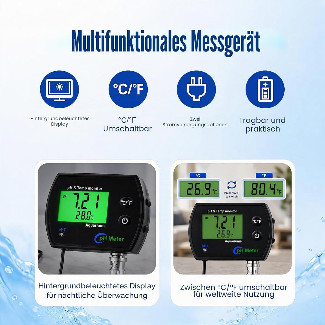 PH Messgerät 2 in 1 Temperatur Digitaler PH Tester, pH-Meter mit ATC, Wasserqualität Tester mit LCD,
