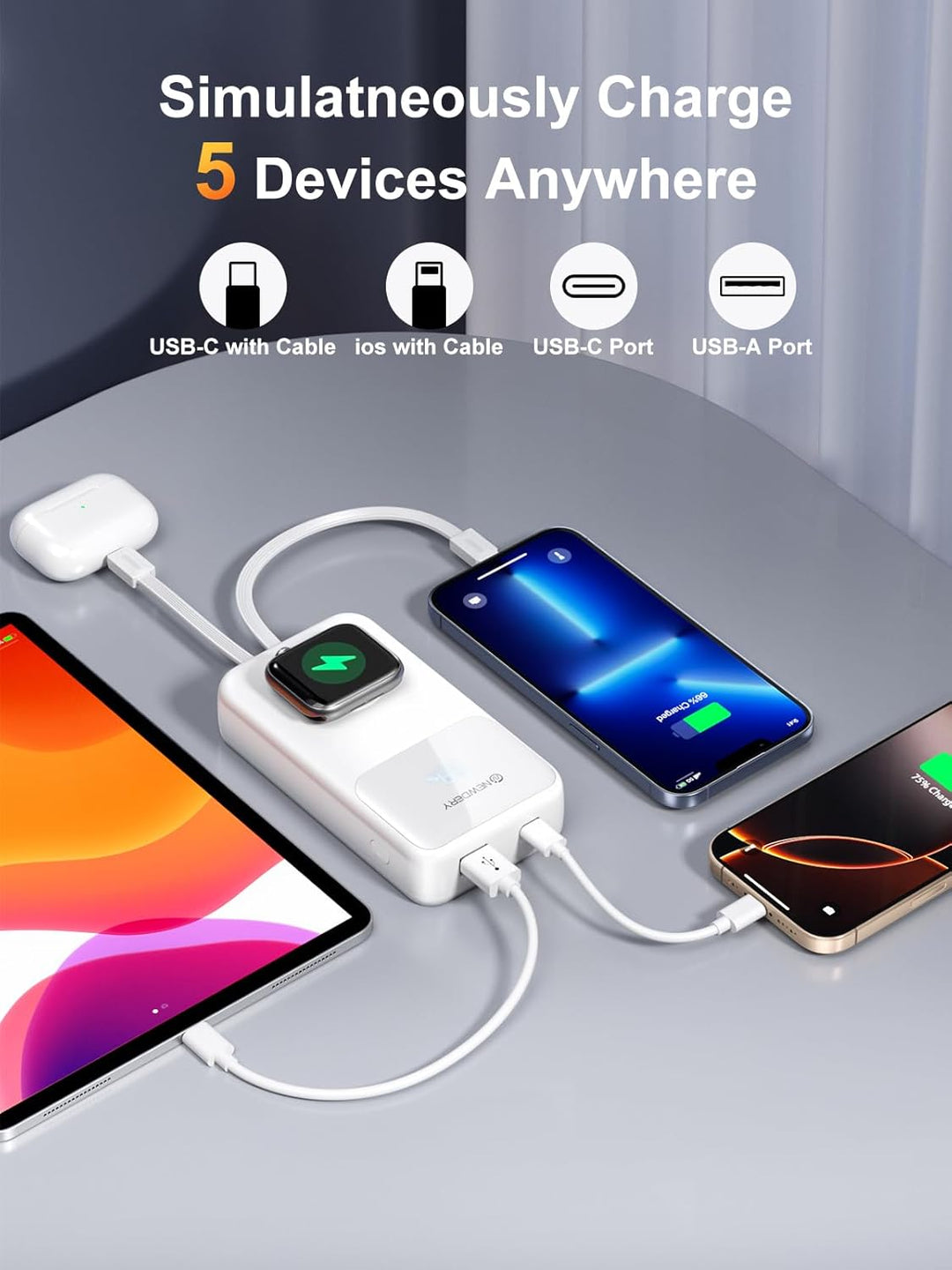 NEWDERY Powerbank für Apple Watch & iPhone Ladegerät 20000mAh Drahtloses Ladestation Power Bank, Sch