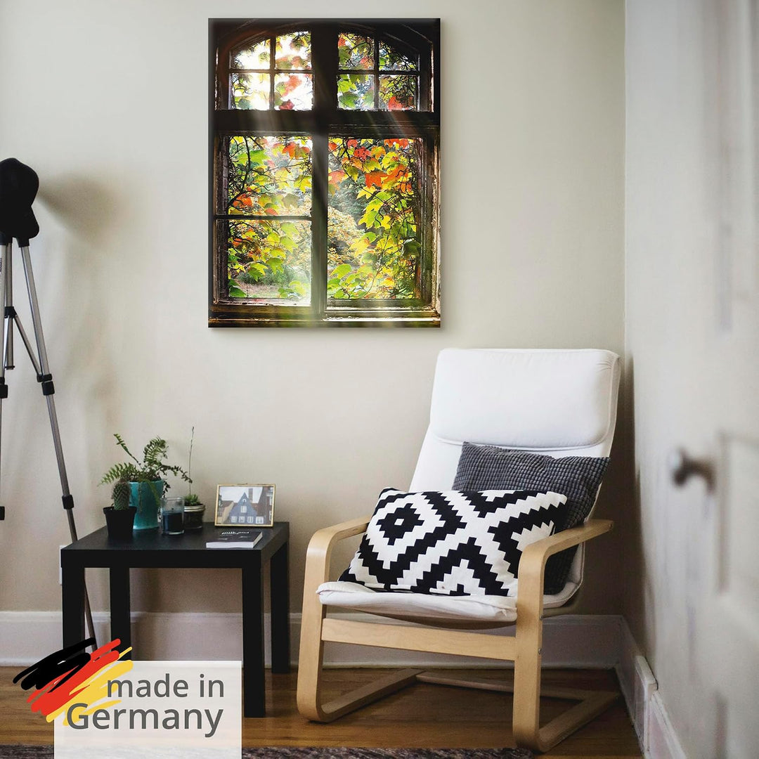Artland Leinwandbild Wandbild Bild auf Leinwand 60x80 cm Wanddeko Fensterblick Fenster Herbst Natur