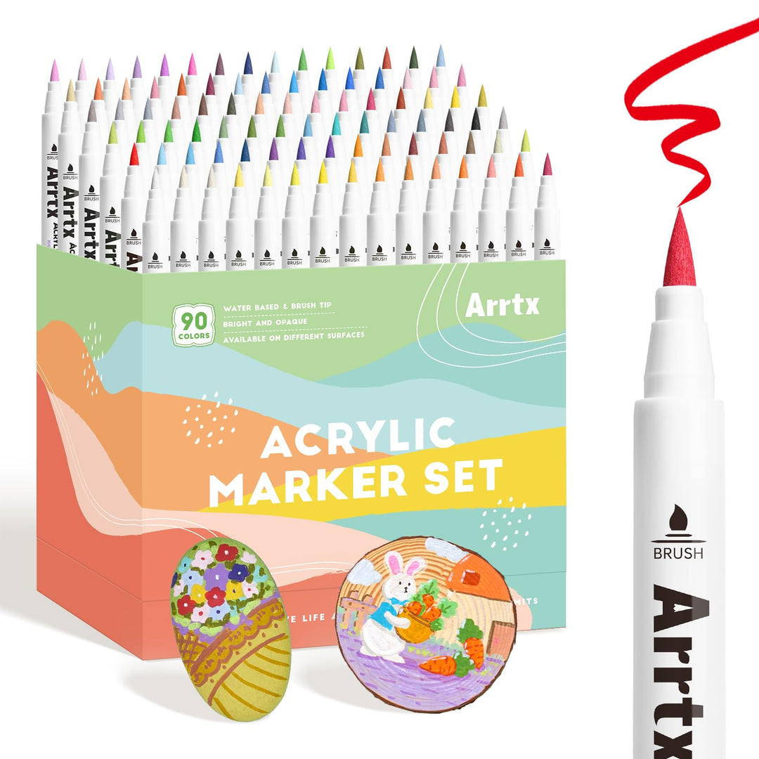 Arrtx Acrylstifte für Steine Wasserfest-90 Farben Pinsel Spitze Naturfarben Acrylmarker für Steinmal