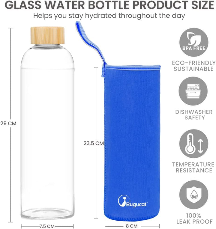 Bugucat Glasflasche 1000 ML, Trinkflasche aus Glas mit Bambusdeckel und Schutzhülle，Wasserflasche Au