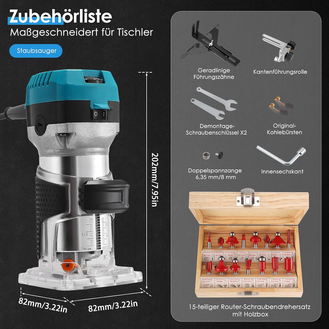 Akku Oberfräse für Makitta18V Akku für 6.35mm+8mm Spannzange,900W kantenfräseTrimmer Set mit 15 Stüc