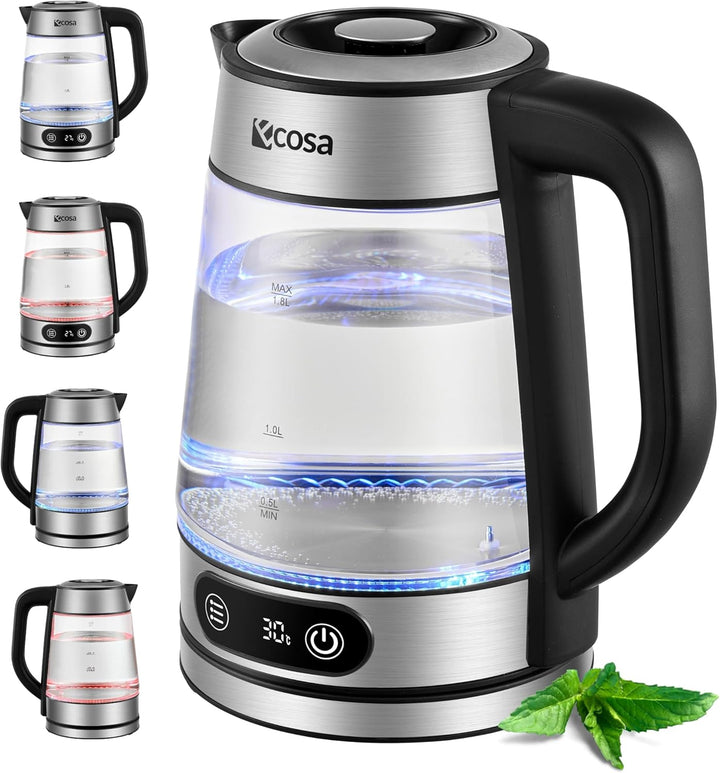 Ecosa® Glas Wasserkocher mit Temperatureinstellung 1,8 Liter 2.200 Watt Edelstahl mit Temperaturwahl