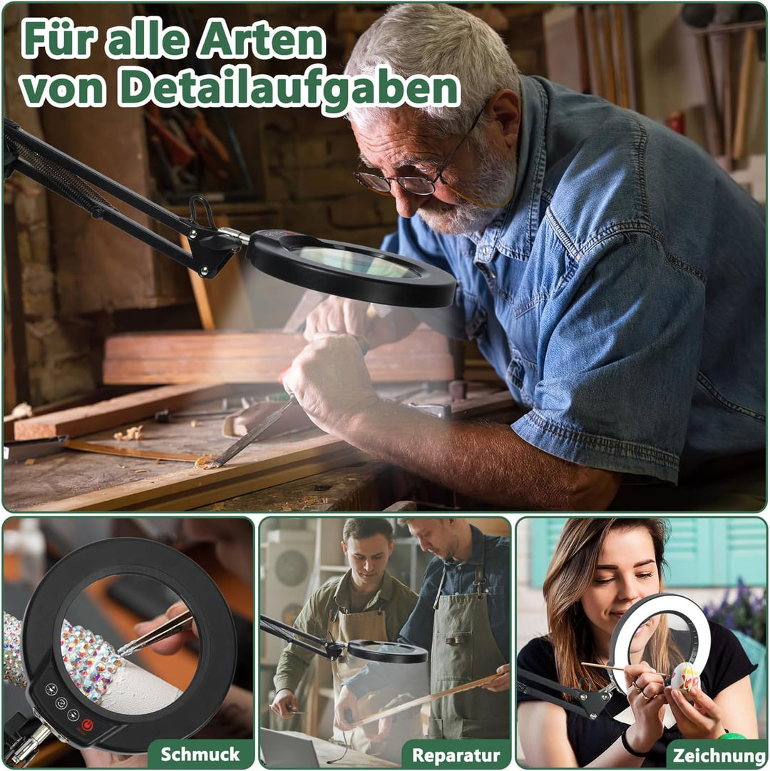 10X Lupe mit Licht und Ständer, Echter Glaslinse 2-in-1 Lupenlampe und Klemme, LED Beleuchtete Lupe