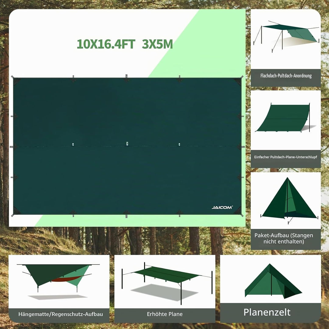 JAICOM Tarp Wasserdicht - 3x3M/4M/5M Camping Zeltplane, Ultraleicht und Tragbar, UV-Schutz &amp; Schnee