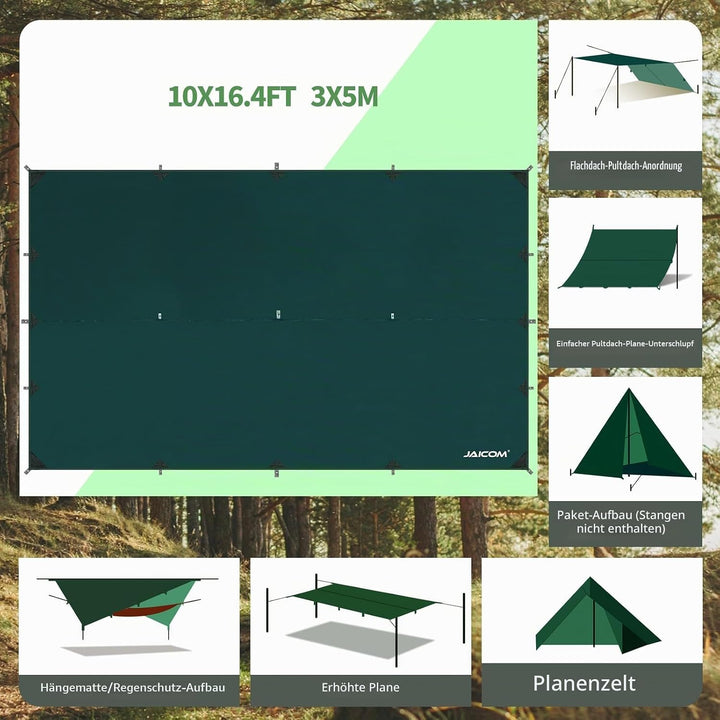 JAICOM Tarp Wasserdicht - 3x3M/4M/5M Camping Zeltplane, Ultraleicht und Tragbar, UV-Schutz &amp; Schnee