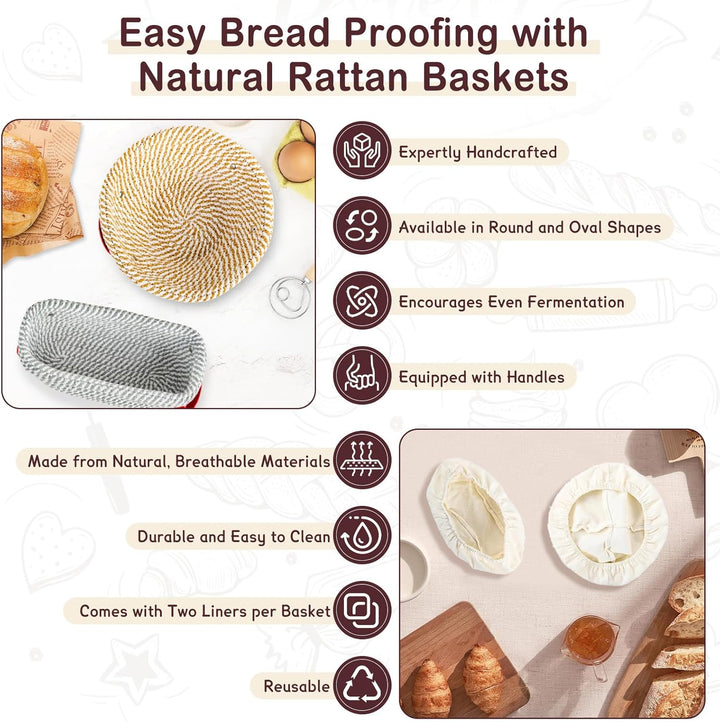 Brot Gärkörbchen Set, 14-Teilig Sauerteig Starter Set mit 2 Gärkörbe Rattan, Sauerteig Starterglas,