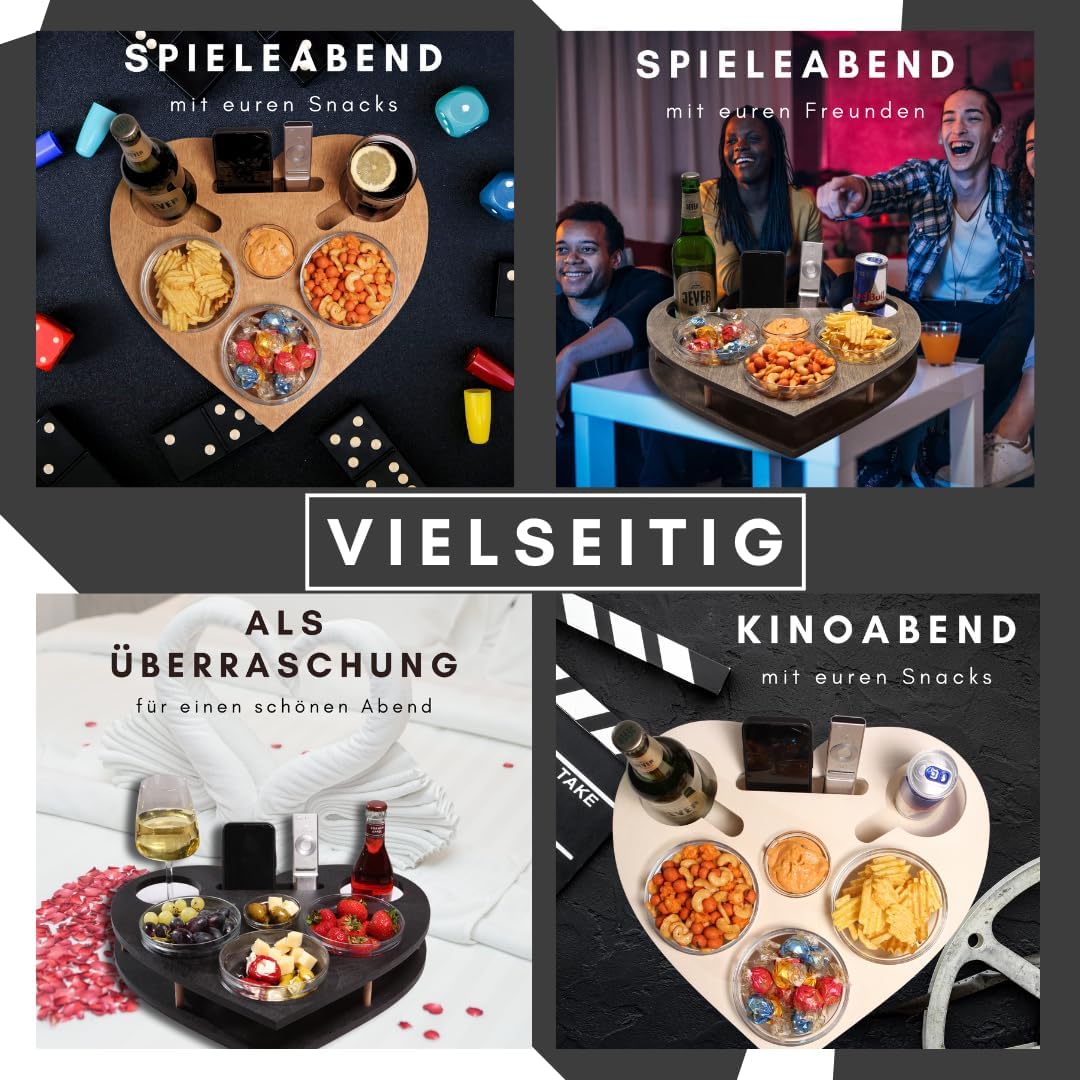 Herz Couchbar in Eiche - Couch Tablett mit 4 Glasschalen - Sofatablett für Snacks &amp; Getränke [stabil