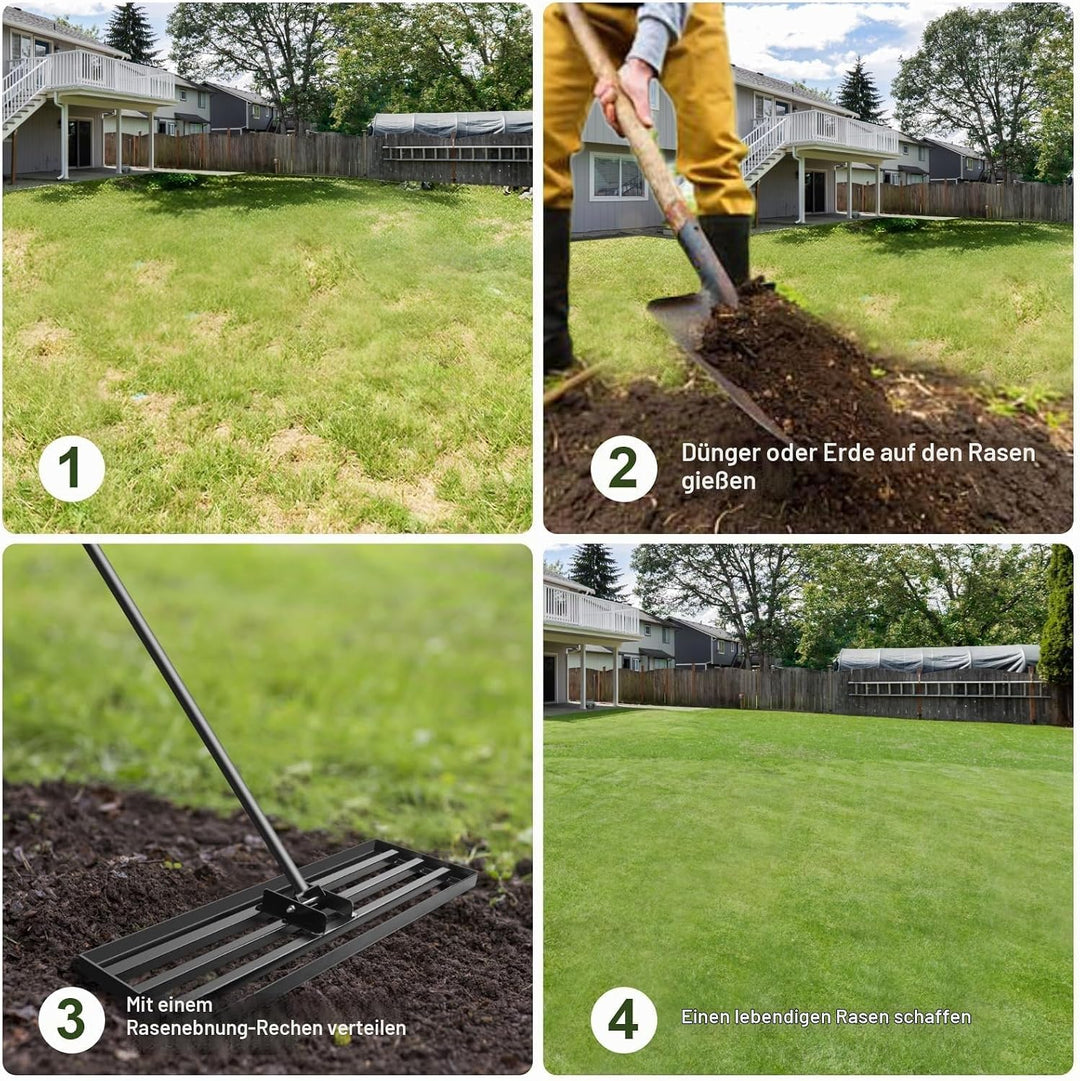 Garten Rasen-Nivellierungsrechen Edelstahl 75x25 cm mit Stiel – Robuster Nivellierrechen für Rasen,