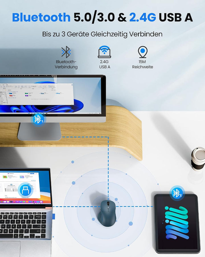 TECKNET Bluetooth Maus Wiederaufladbar, Ergonomische Daumenauflage Blau, Blau