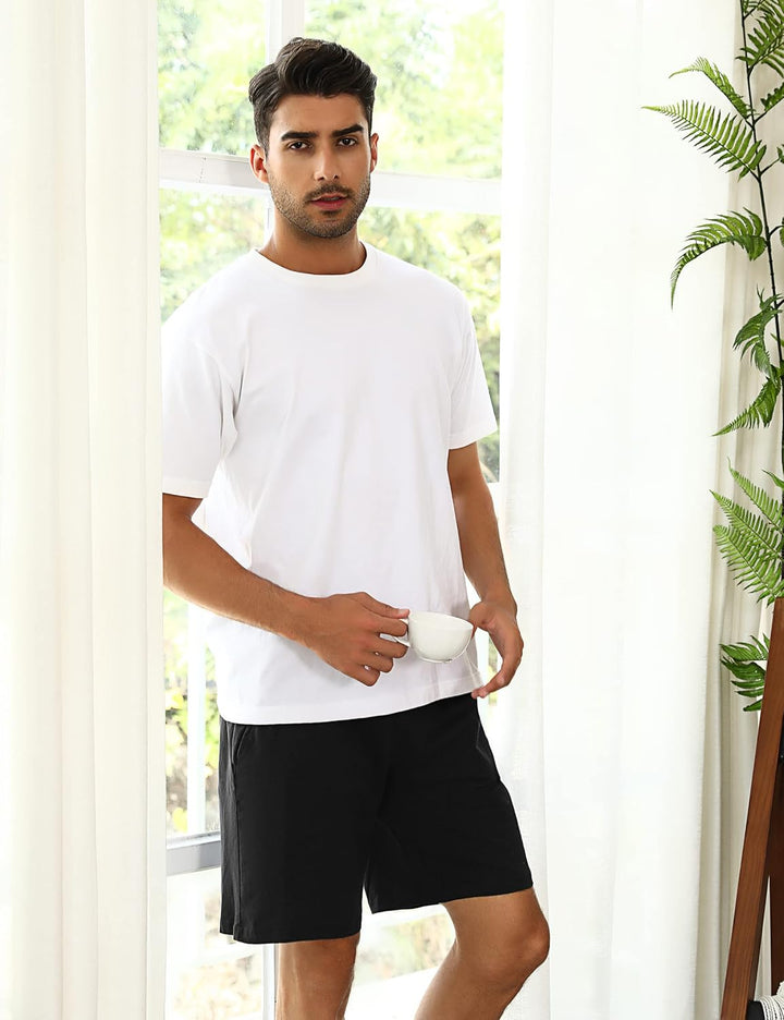 Herren Schlafanzughose Baumwolle Kurz Pyjamahose Schlafhose Schlafshorts Sommer Bermudahose Männer S