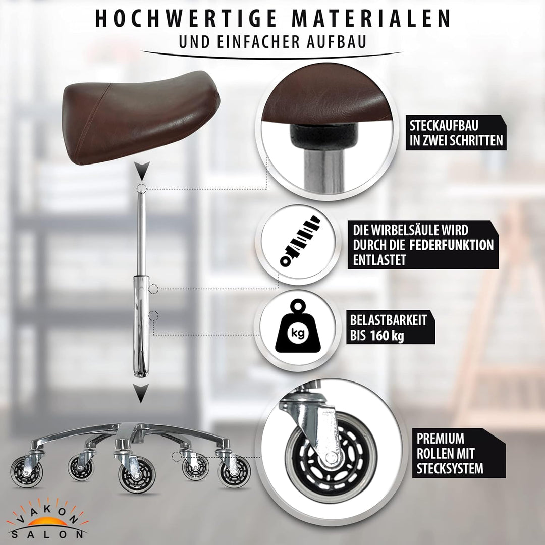 Premium Sattelhocker Braun, Sattelstuhl für Rückenentlastung, Rollhocker höhenverstellbar von 55-75
