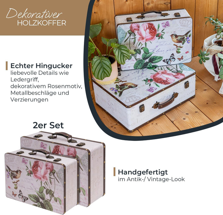 HMF Vintage Deko Koffer aus Holz, Aufbewahrungsbox mit Deckel und Ledergriff, stilvolle Aufbewahrung