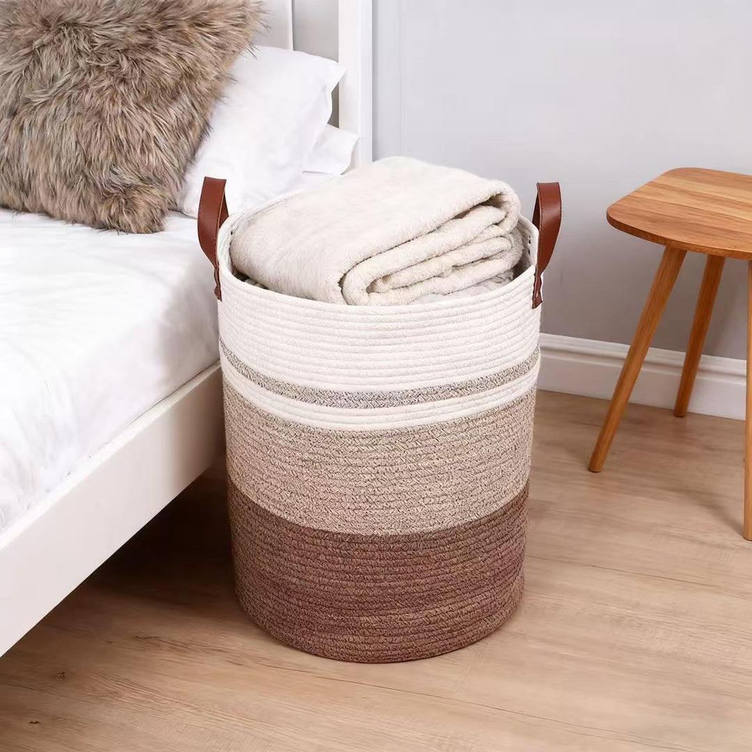 Grosser Wäschekorb aus Baumwollseil, 63L Kapazität, 50 x 40 cm, Weiss-Beige mit Ledergriffen (YM), Y