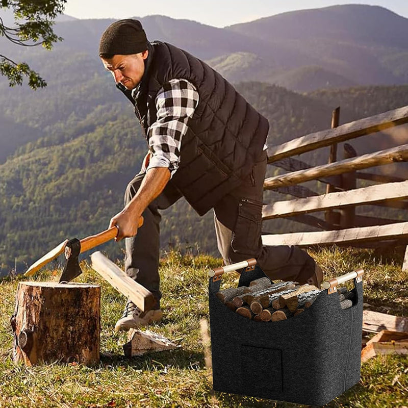 Oenothera 60L Holzkorb für Kaminholz, Faltbarer Holzkorb Filztasche, Korb Aus Brennholz Mit Griff, f