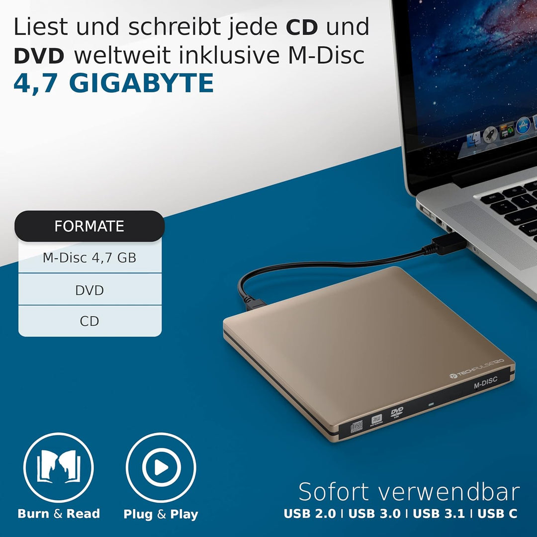 techPulse120 USB 3.0 & Type C externer CD & DVD Brenner Writer Burner Superdrive Laufwerk tragbares