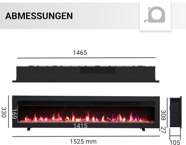 BALDERIA Agnes 60" Elektrokamin - Elektrischer Stand-, Wand- oder Einbaukamin mit Heizung 1000/2000