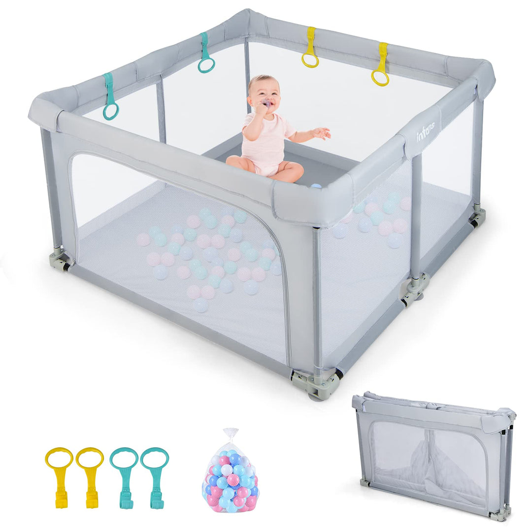 DREAMADE Laufstall Baby, 126 x 126 cm Laufgitter Klappbar mit 50 Spielbällen & 4 Zugringen, Schutzgi