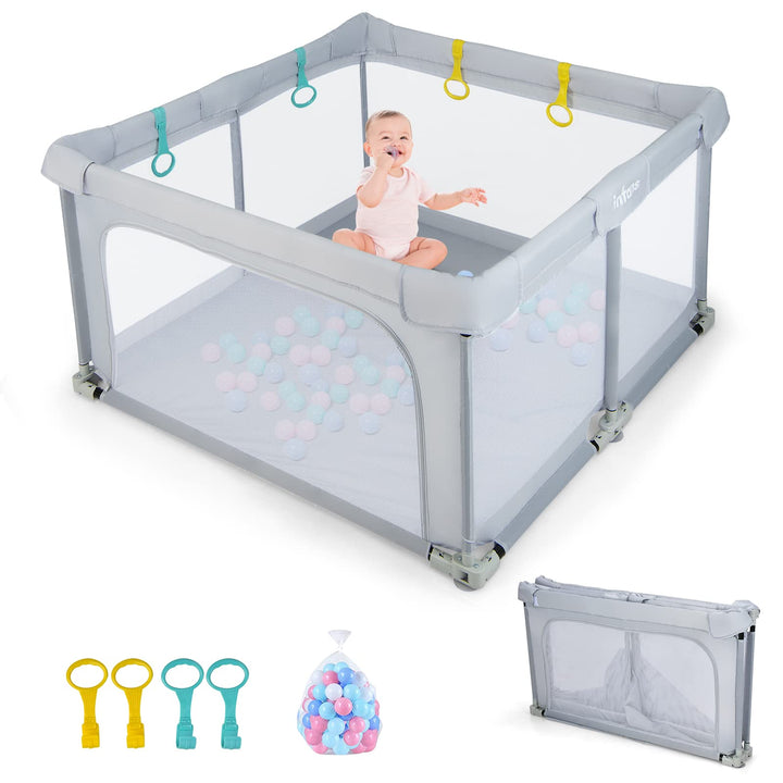 DREAMADE Laufstall Baby, 126 x 126 cm Laufgitter Klappbar mit 50 Spielbällen & 4 Zugringen, Schutzgi