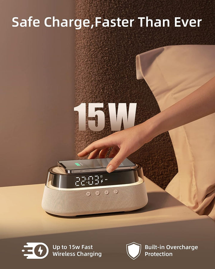 EZVALO Radiowecker mit Ladefunktion, Radiowecker Funkuhr Digital 4 in 1 mit 15W Wireless Charger Qi,