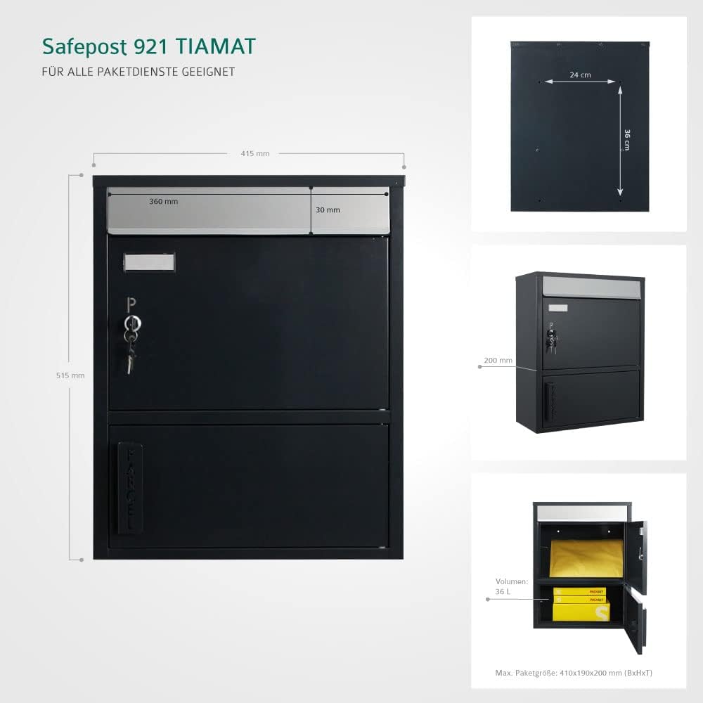 Paket-Briefkasten mit 4 Schlüsseln Safepost 921 Tiamat silber-grau (RAL 9006) moderner Briefkasten m