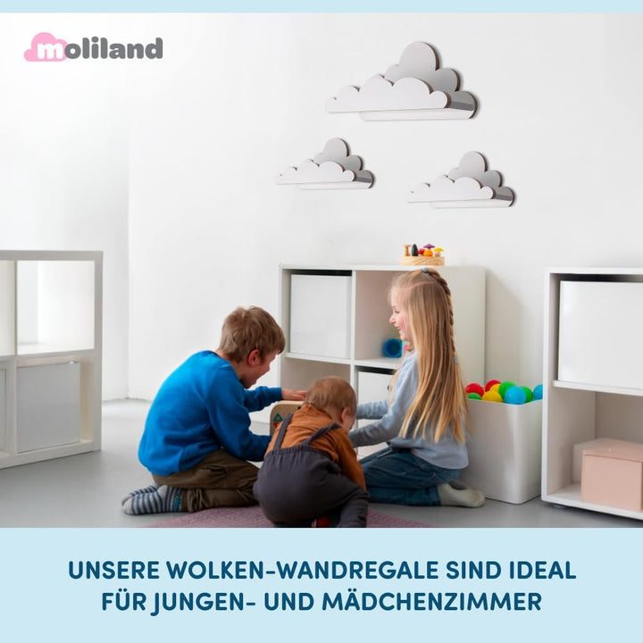 3er Set Wandregal Kinderzimmer Weiss | Babyzimmer Wolkenregal für Bücher, Spielzeug und Dekoration |
