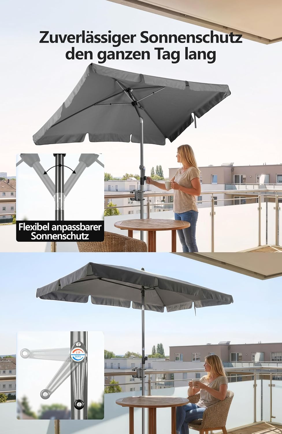 Menz SunnyShade Balkonschirm Roma mit Schutzhülle, Anthrazit, Sonnenschirm Balkon 200x125 cm, Sonnen
