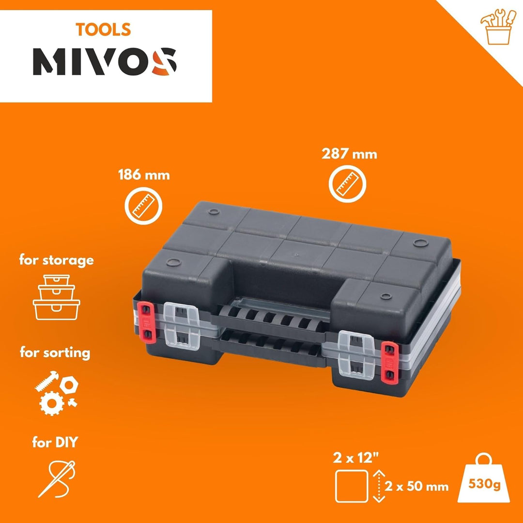 Mivos Doppelseitig Sortimentskasten 12” für Zubehör und Kleinteile - 2 seitig Sortimentsbox 287 x 18