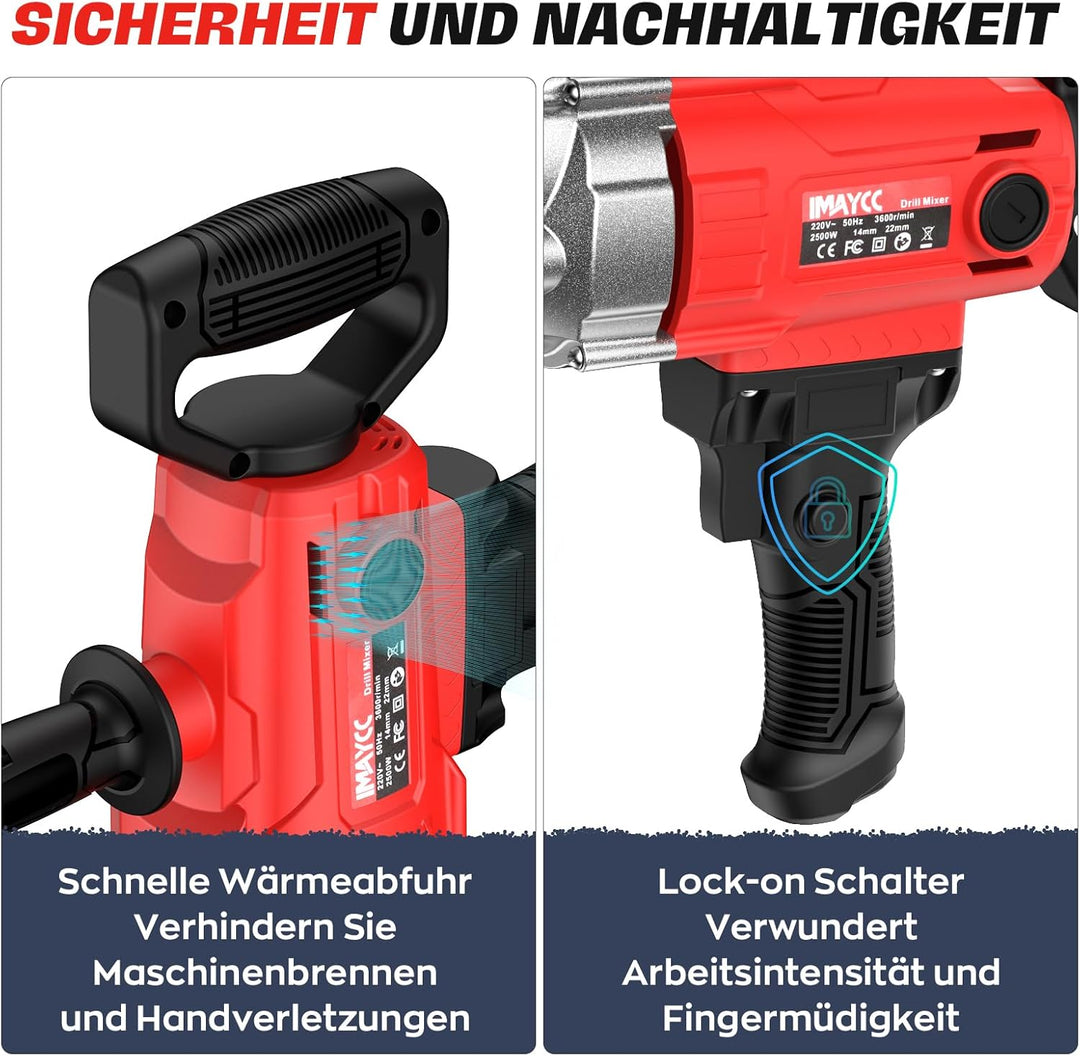Neu 2-in-1 Bohren Rührwerk Set IMAYCC 2500W Elektrischer Tragbarer Betonmischer 20A für Bohren und M