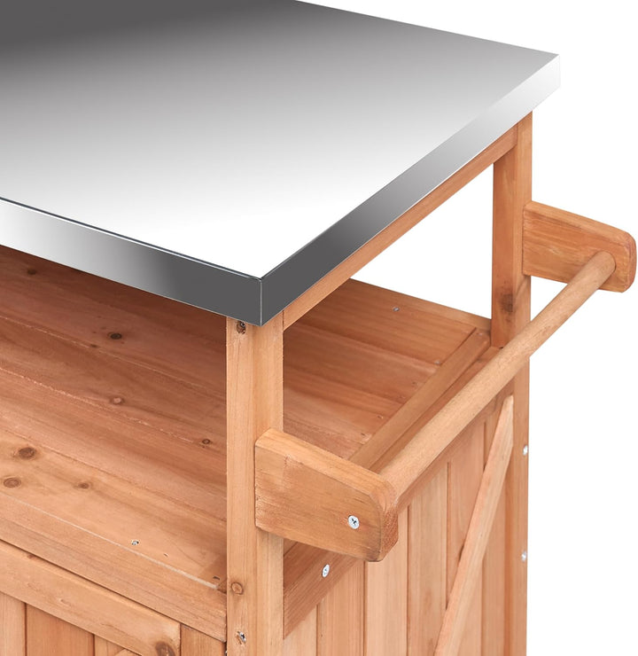 Beliani Outdoor Kücheninsel Tannenholz Edelstahl Hellbraun Rollen 128x47x85 cm Scanno