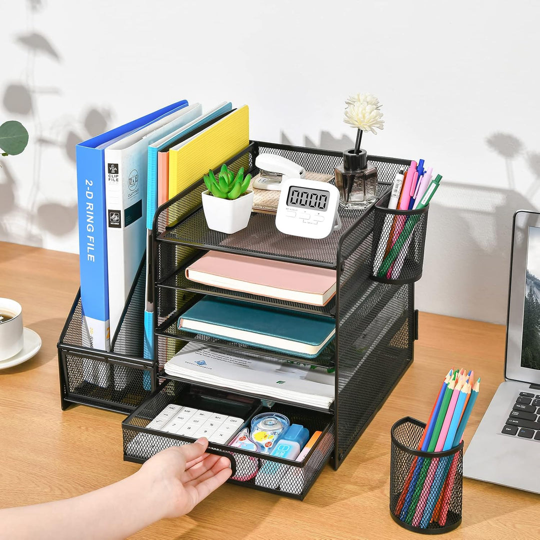 Marbrasse Schreibtisch Organizer mit Aktenhalter, 5 Ebenen Papier Briefablage mit Schublade und 2 St