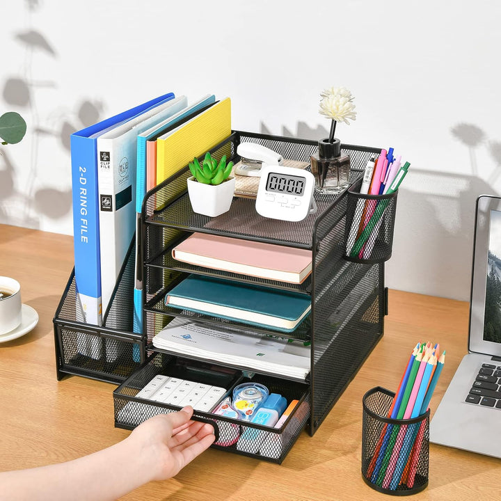 Marbrasse Schreibtisch Organizer mit Aktenhalter, 5 Ebenen Papier Briefablage mit Schublade und 2 St