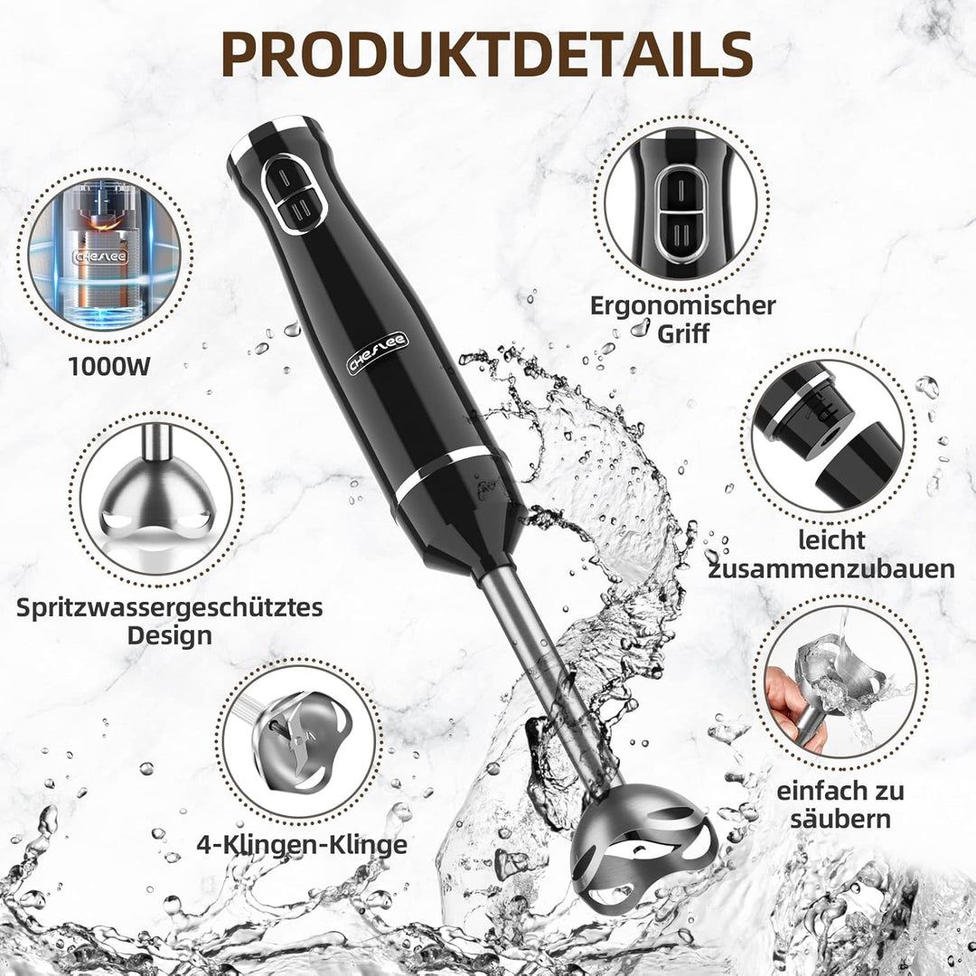CHeflee Stabmixer Set 5 in 1 (800 Watt) Pürierstab, mit Edelstahl Mixfuss, Schneebesen, Milchaufschä