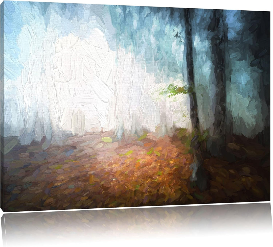 Pixxprint Düsterer Wald im Nebel als Leinwandbild/Grösse: 100x70 cm/Wandbild/Kunstdruck/fertig bespa