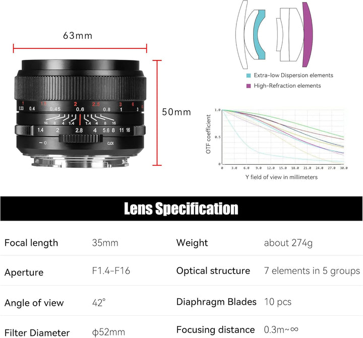 7artisans 35 mm F1.4 Mark Ⅱ Full Frame Manual Focus Prime Objektiv Grosse Blende Kompatibel mit Niko