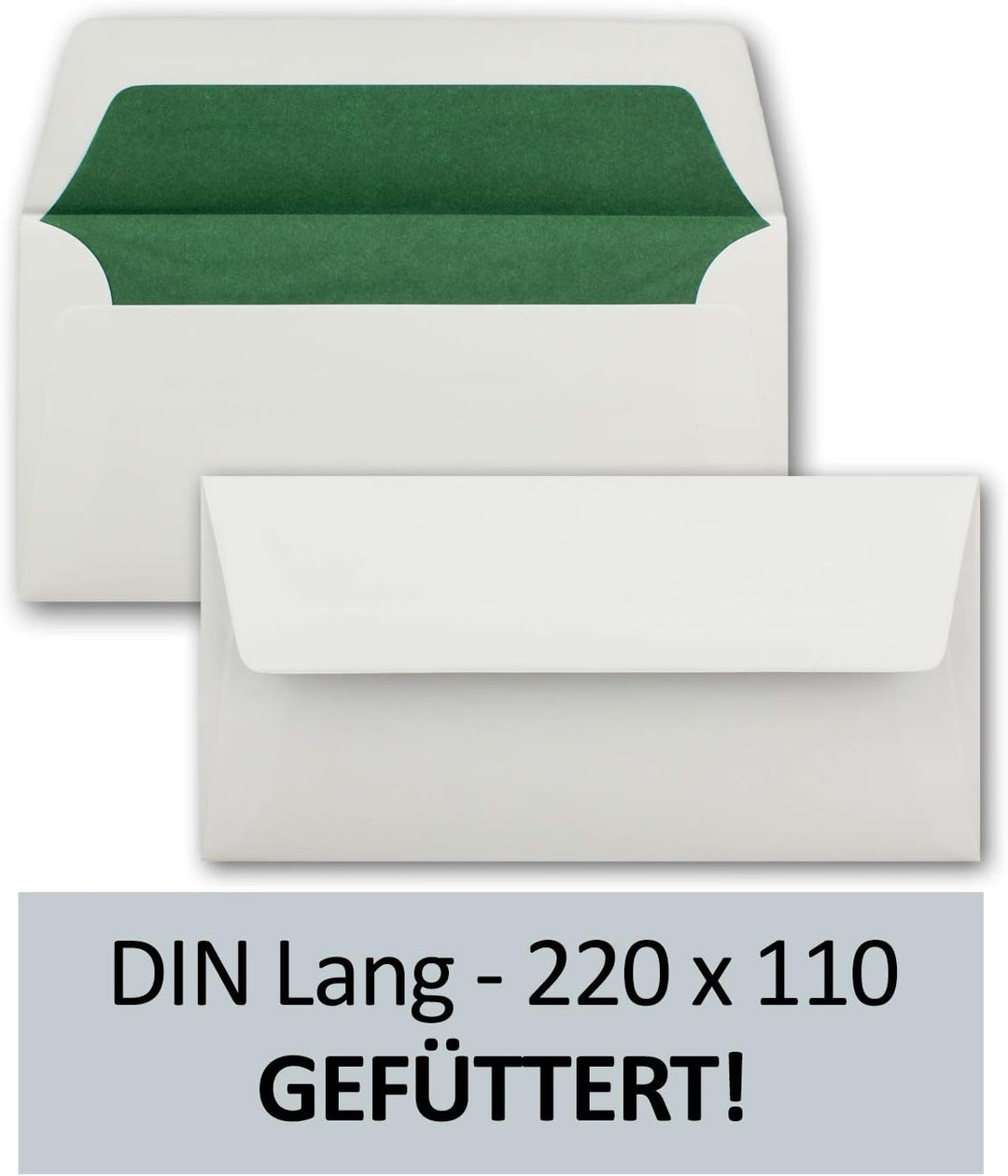 75 Briefumschläge Weiss - DIN Lang - gefüttert mit dunkelgrünem Seidenpapier - 22 x 11 cm - Nasskleb