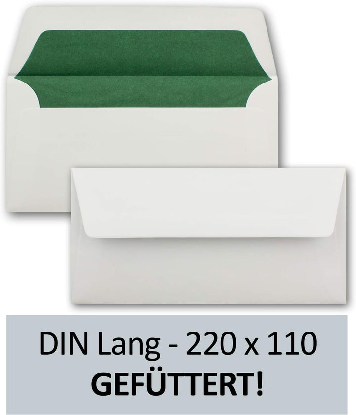 75 Briefumschläge Weiss - DIN Lang - gefüttert mit dunkelgrünem Seidenpapier - 22 x 11 cm - Nasskleb