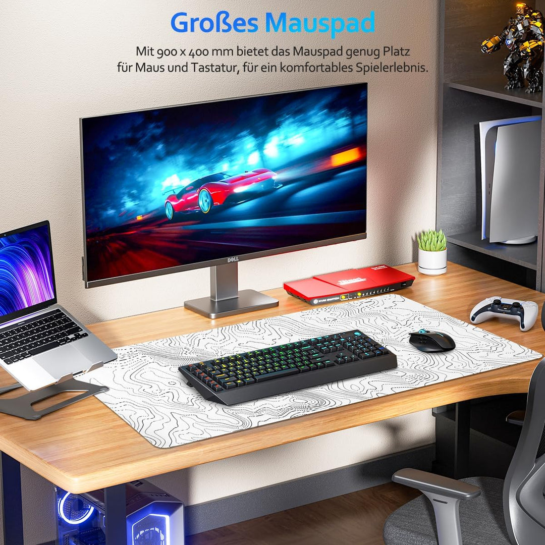 Zindoo XXL Mauspad 900 x 400 mm – Weisses Gaming Mousepad mit Topografischem Linienmuster – Präzise