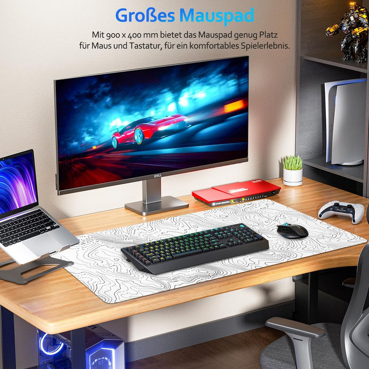Zindoo XXL Mauspad 900 x 400 mm – Weisses Gaming Mousepad mit Topografischem Linienmuster – Präzise