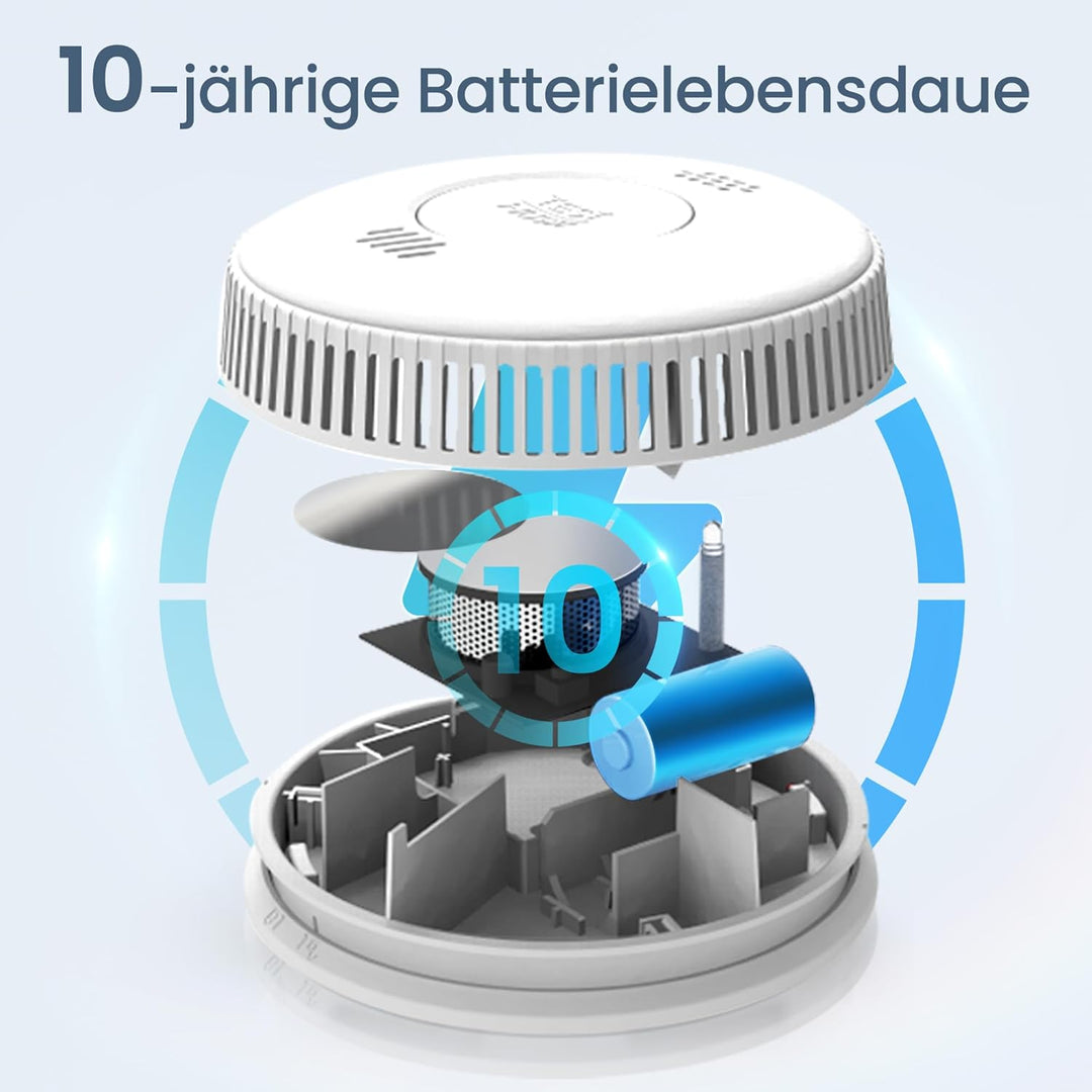 Rauchmelder 10 Jahre Batterie, TÜV Rheinland Zertifizierter Photoelektrischer Rauchwarnmelder mit Kl