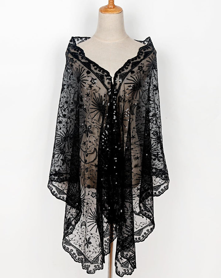 keland Damen Festlich Pailletten Umhang Schal Schultertuch Stola Tuch für Abendkleid A-schwarz, A-sc