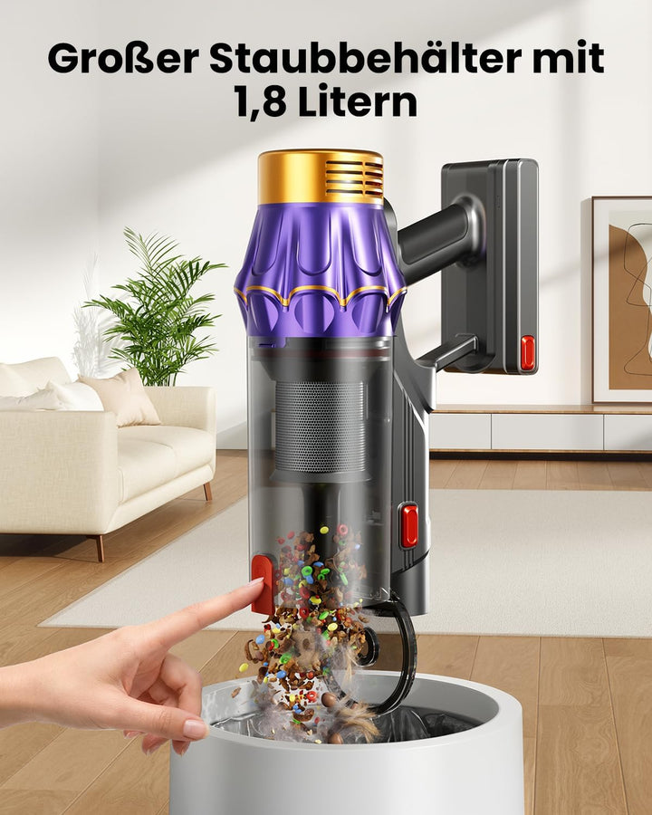 Akku Staubsauger, 50KPa/600W/70Min Staubsauger Kabellos mit Selbststehend, 1,8 L, Anti-Tangle-Bürste