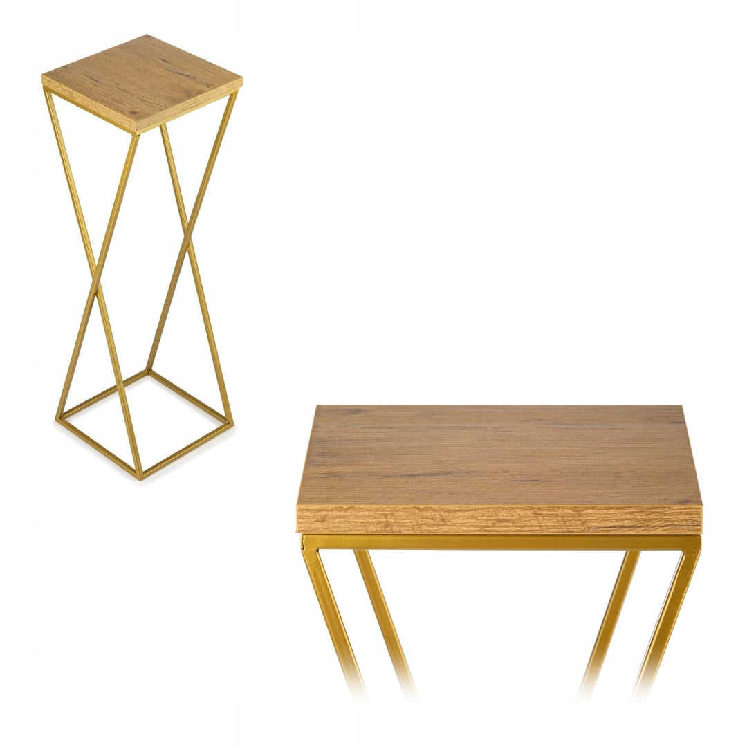Pflanzenständer Metall 70 cm Hoch - Stabiler und Fester Blumenhocker mit Eiche Optik MDF-Platte auf