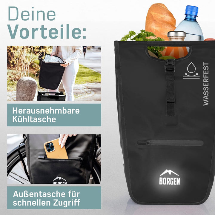Borgen Fahrrad Einkaufstasche für Gepäckträger mit herausnehmbaren Kühleinsatz - Verwendbar als Gepä
